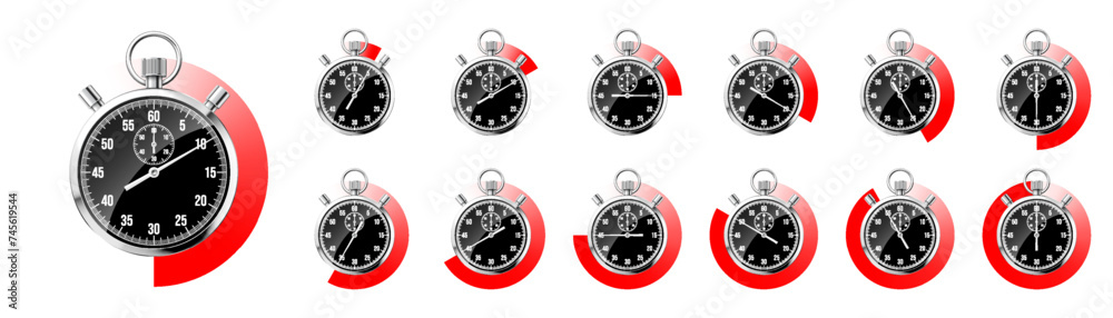 Realistic classic stopwatch. Shiny metal chronometer, black time counter with dial. Red countdown timer showing minutes and seconds. Time measurement for sport, start and finish. Vector illustration Realistic classic stopwatch. Shiny metal chronometer, black time counter with dial. Red countdown timer showing minutes and seconds. Time measurement for sport, start and finish. Vector illustration
