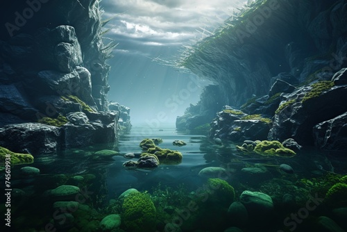 Serene Underwater Cave with Sunlight Beams. 