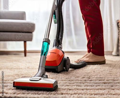 A person cleaning carpets with a vacuum cleaner