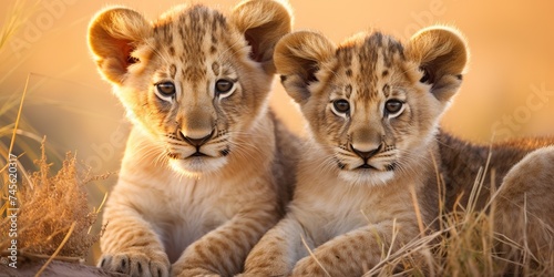 Close up portrait of three lion cubs in the Sava. © Nopparat