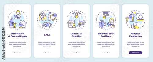 Adoption laws onboarding mobile app screen. Legal process walkthrough 5 steps editable graphic instructions with linear concepts. UI, UX, GUI template. Myriad Pro-Bold, Regular fonts used © bsd studio