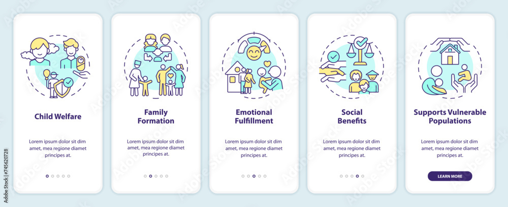 Benefits of adoption onboarding mobile app screen. Positive sides walkthrough 5 steps editable graphic instructions with linear concepts. UI, UX, GUI template. Myriad Pro-Bold, Regular fonts used Benefits of adoption onboarding mobile app screen. Positive sides walkthrough 5 steps editable graphic instructions with linear concepts. UI, UX, GUI template. Myriad Pro-Bold, Regular fonts used
