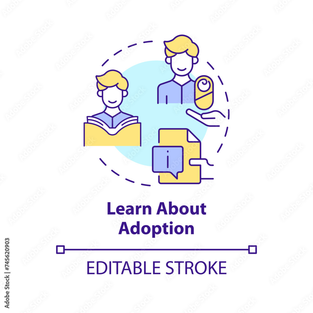 Learn about adoption multi color concept icon. Adoption process. Preparation for parenting. Reading and studying information. Round shape line illustration. Abstract idea. Graphic design. Easy to use Learn about adoption multi color concept icon. Adoption process. Preparation for parenting. Reading and studying information. Round shape line illustration. Abstract idea. Graphic design. Easy to use