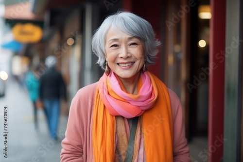 Portrait of a happy senior asian woman walking in the city