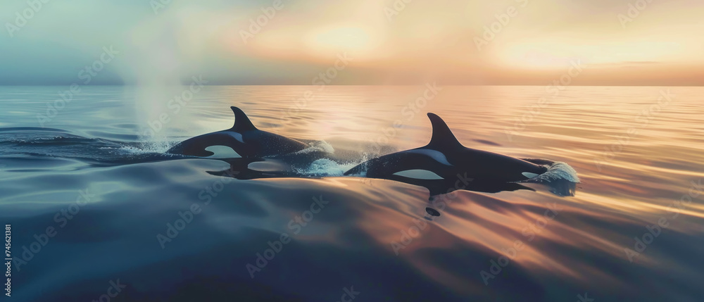 Graceful Orcas in Natural Habitat, Orca Pod Swimming in Ocean, Orca Family exhibiting grace and agility in their natural habitat. - obrazy, fototapety, plakaty 