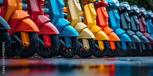 A row of brightly colored scooters parked neatly on a street. Concept Outdoor Photoshoot, Colorful Props, Urban Lifestyle, Transportation, Street Scene photo