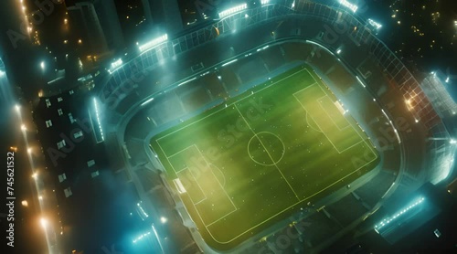 oval sports stadium above view with floodlights football field with very realistic bird's eye view of the city photo