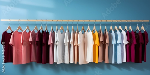 Colorful tshirts suspended in a neat row against a plain background. Concept Fashion, Styling, Photography, Clothing Display