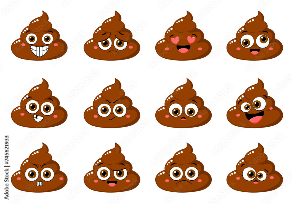 Collection of Cute funny poop with different mood. Set of cartoon poo emoji faces in different expressions - happy, sad, cry, fear, crazy. Vector illustration EPS8 Collection of Cute funny poop with different mood. Set of cartoon poo emoji faces in different expressions - happy, sad, cry, fear, crazy. Vector illustration EPS8