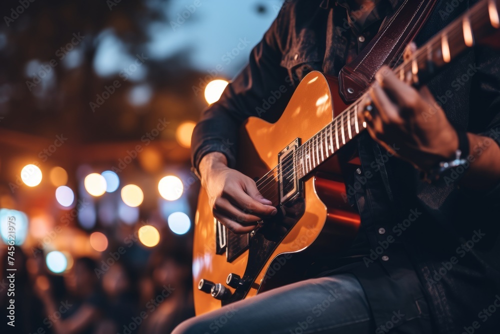 Obraz premium guitar, closeup, guitarist, instrument, musician, music, musical, performance, artist, background. close up of a musician now solo guitar playing a concert on a club stage with bokeh light in concert.