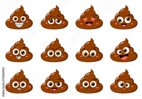 Collection of Cute funny poop with different mood. Set of cartoon poo emoji faces in different expressions - happy, sad, cry, fear, crazy. Vector illustration EPS8 