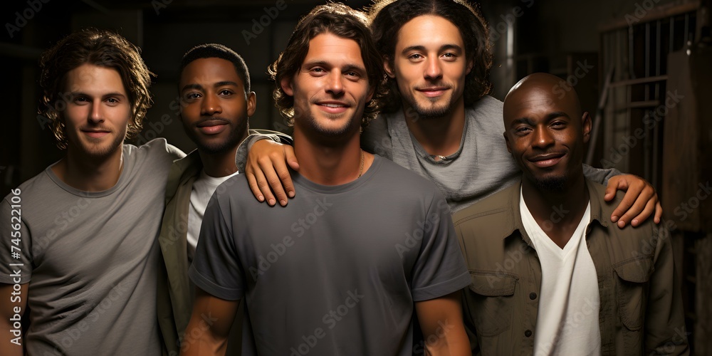 Symbolizing Unity: Diverse Group of Five Young Men in Casual Clothing. Concept Diverse Group, Unity, Young Men, Casual Clothing, Symbolism Symbolizing Unity: Diverse Group of Five Young Men in Casual Clothing. Concept Diverse Group, Unity, Young Men, Casual Clothing, Symbolism