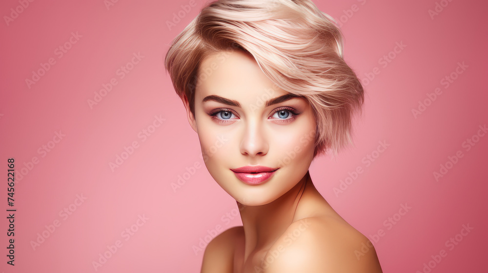 Fototapeta premium Portrait of a beautiful, sexy Caucasian woman with perfect skin and white short hair, on a pink background.