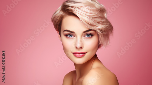 Portrait of a beautiful, sexy Caucasian woman with perfect skin and white short hair, on a pink background.