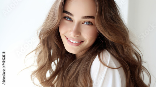 Portrait of a beautiful, sexy happy smiling woman with perfect skin and long hair, on a white background, banner.