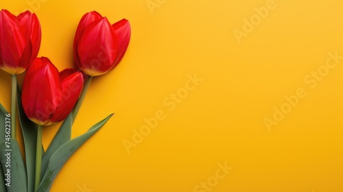 Spring red tulips on a yellow background, a holiday card. Mother's Day, Women's Day, Valentine's Day.