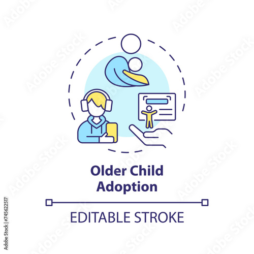 Older child adoption multi color concept icon. Find family for teenager. Teen caregiver. Loving and caring parent. Round shape line illustration. Abstract idea. Graphic design. Easy to use