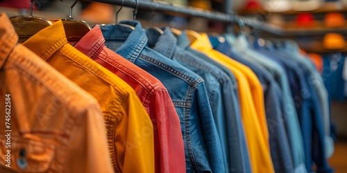 Brightly colored shirts displayed on a clothing rack in a retail store. Concept Apparel Display, Clothing Rack, Retail Merchandising, Bright Colors, Store Presentation