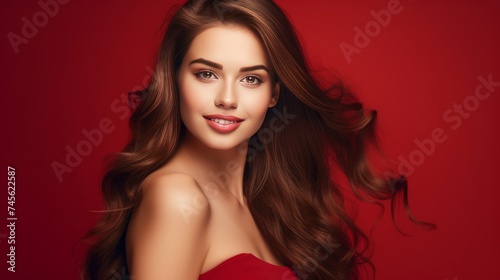 Portrait of a beautiful, sexy happy smiling woman with perfect skin and long hair, on a red background, banner.