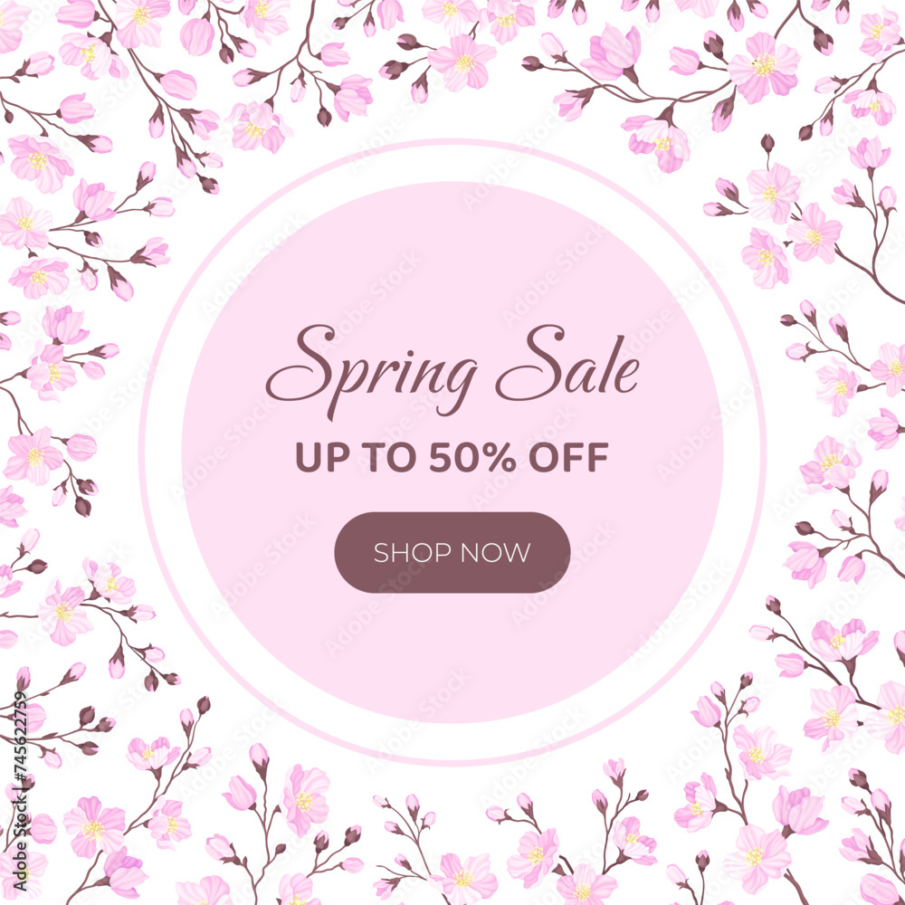 Cherry Blossom Design Banner with Blooming Pink Flower Vector Template