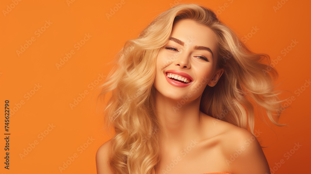 Naklejka premium Portrait of a beautiful, sexy Caucasian woman with perfect skin and white long hair, on an orange background.