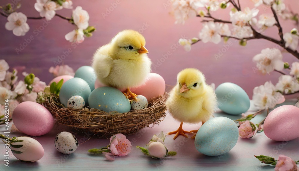 Easter eggs and little chicks on a pink holiday background
