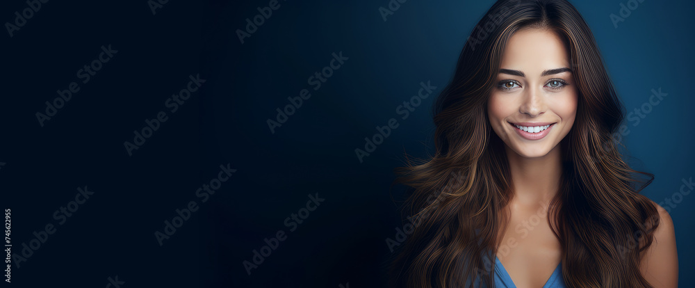 Portrait of a beautiful, sexy happy smiling woman with perfect skin and long hair, on a dark blue background, banner.