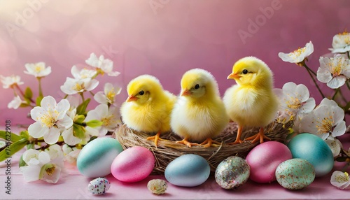 Easter eggs and little chicks on a pink holiday background