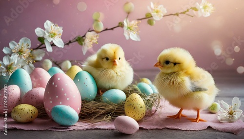 Easter eggs and little chicks on a pink holiday background © Wonderful Life 