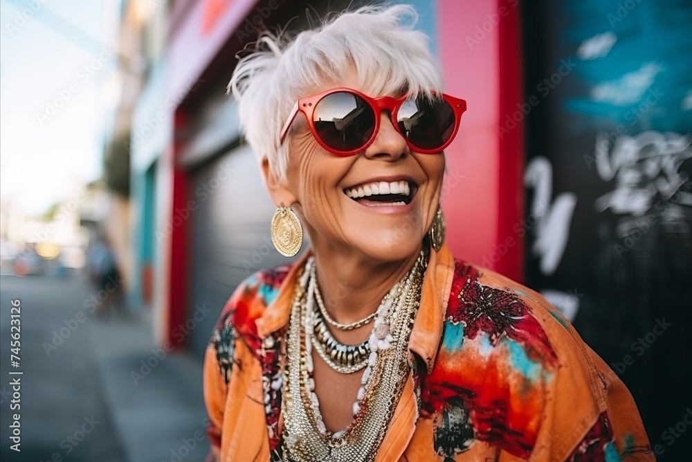 Portrait of a beautiful senior woman with short white hair wearing sunglasses Portrait of a beautiful senior woman with short white hair wearing sunglasses