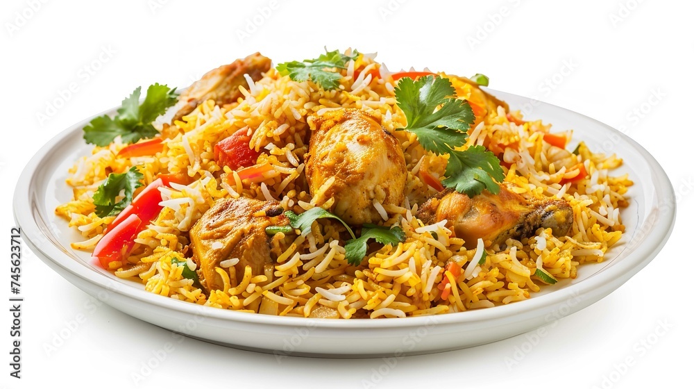 Chicken Biryani on Plate, Isolated on White Background Chicken Biryani on Plate, Isolated on White Background