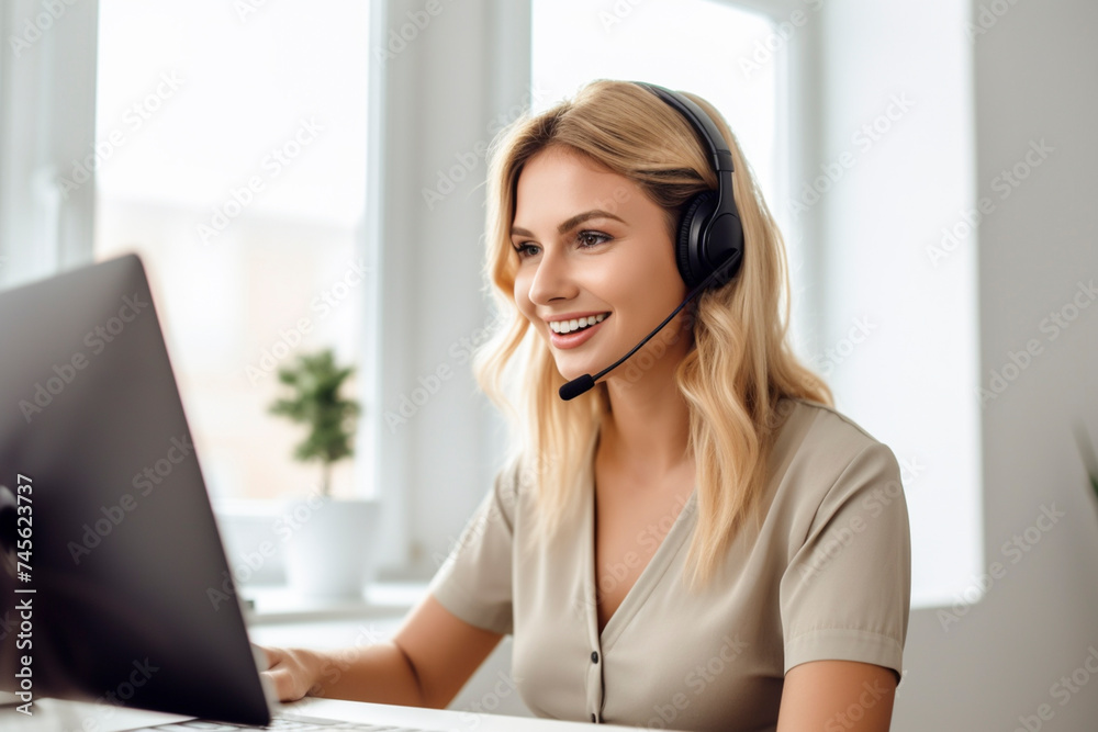 Smiling blonde girl with headphones and microphone on white background. Woman from the support service advises customers in call center. Smiling blonde girl with headphones and microphone on white background. Woman from the support service advises customers in call center.