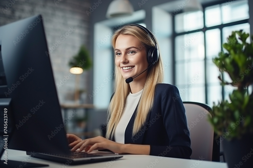 Smiling woman with headset working in a call center. A girl with a microphone and headphones consults clients from the office Smiling woman with headset working in a call center. A girl with a microphone and headphones consults clients from the office