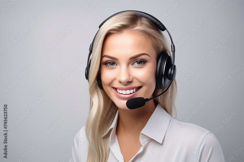 Smiling blonde girl with headphones and microphone on white background. Woman from the support service advises customers in call center. Smiling blonde girl with headphones and microphone on white background. Woman from the support service advises customers in call center.