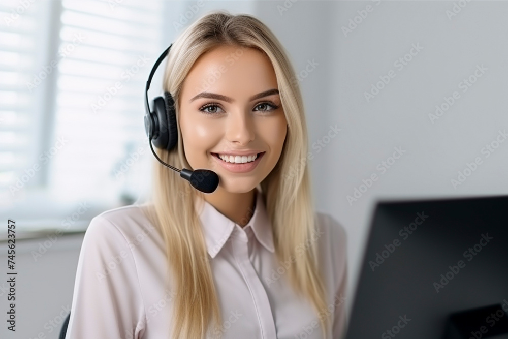 Smiling blonde girl with headphones and microphone on white background. Woman from the support service advises customers in call center. Smiling blonde girl with headphones and microphone on white background. Woman from the support service advises customers in call center.