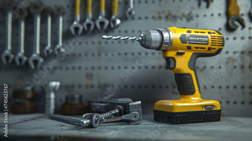 cordless yellow and black power drill standing upright with a drill bit attached, alongside two wrenches and two drill batteries on a textured dark background.