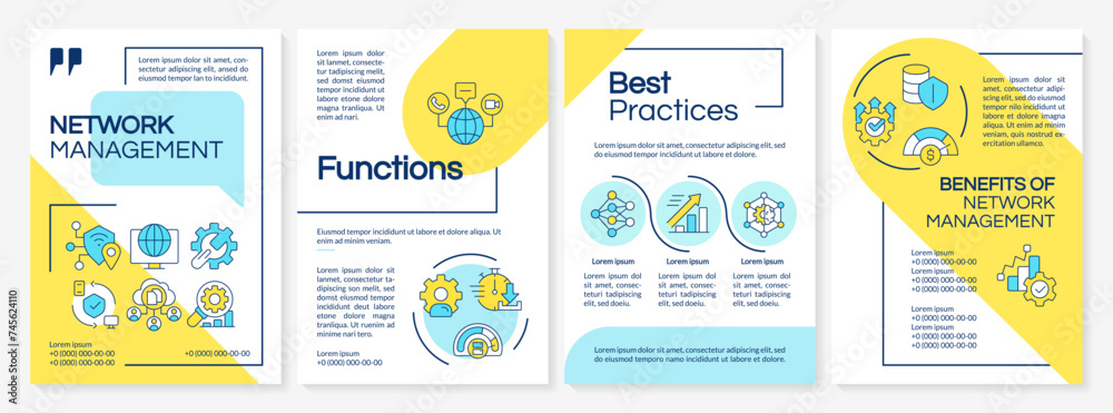 Network infrastructure management blue and yellow brochure template. Leaflet design with linear icons. Editable 4 vector layouts for presentation, annual reports. Questrial-Regular, Lato fonts used Network infrastructure management blue and yellow brochure template. Leaflet design with linear icons. Editable 4 vector layouts for presentation, annual reports. Questrial-Regular, Lato fonts used