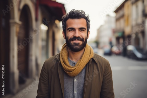 Portrait of handsome bearded man with scarf and coat looking at camera