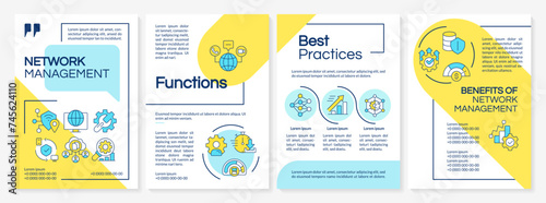 Network infrastructure management blue and yellow brochure template. Leaflet design with linear icons. Editable 4 vector layouts for presentation, annual reports. Questrial-Regular, Lato fonts used