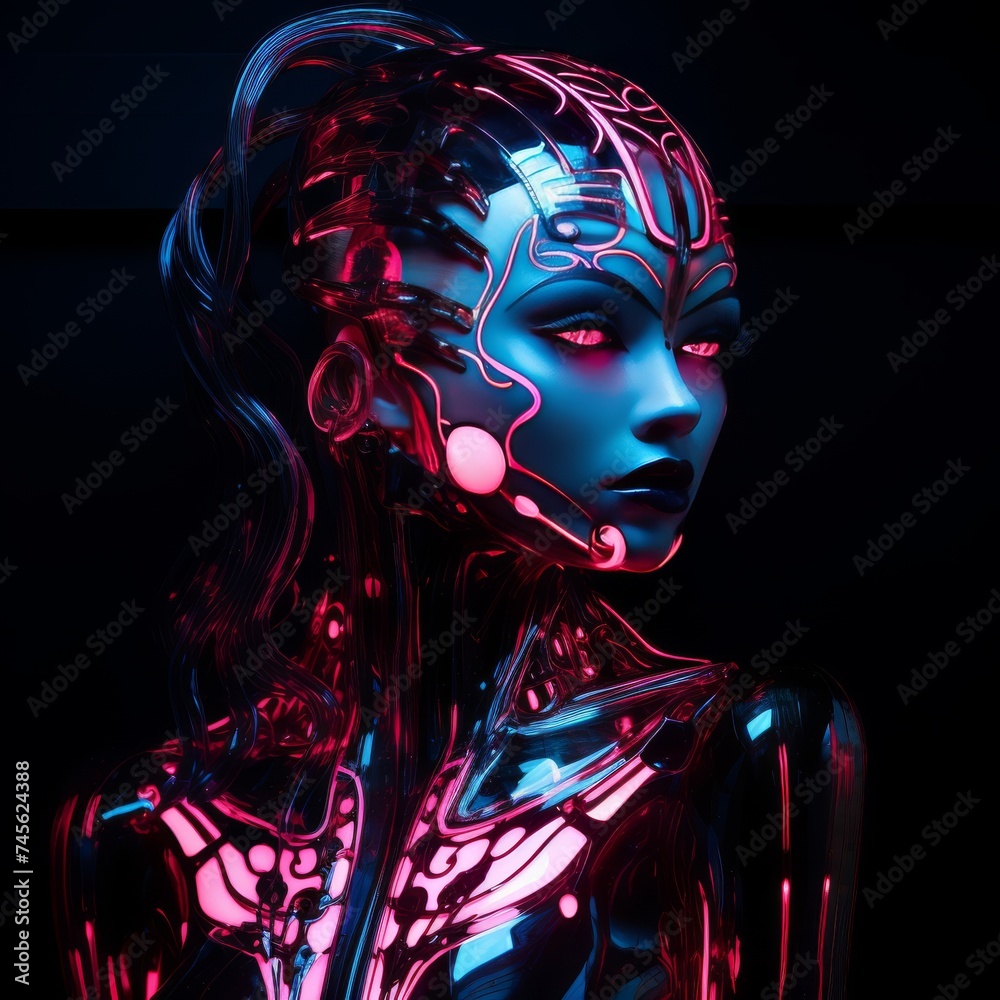 Side view of a futuristic humanoid head with pink eyes and vibrant neon lines, representing futuristic technology and artificial intelligence