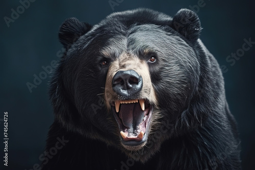 Front view of Sloth Bear on dark gray background. Wild animals banner with copy space