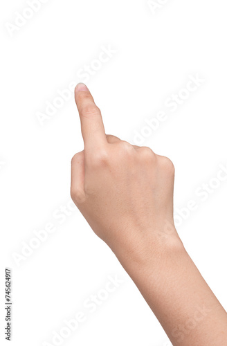 Close up of woman hand pointing. Isolated on background.