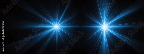 Wide angle panoramic view of a blue flare of light ray on plain black background from Generative AI