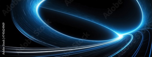 Wide angle panoramic view of a blue speed of light curved motion path concept rays on plain black background from Generative AI