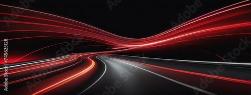 Wide angle panoramic view of a red speed of light curved motion path concept rays on plain black background from Generative AI photo