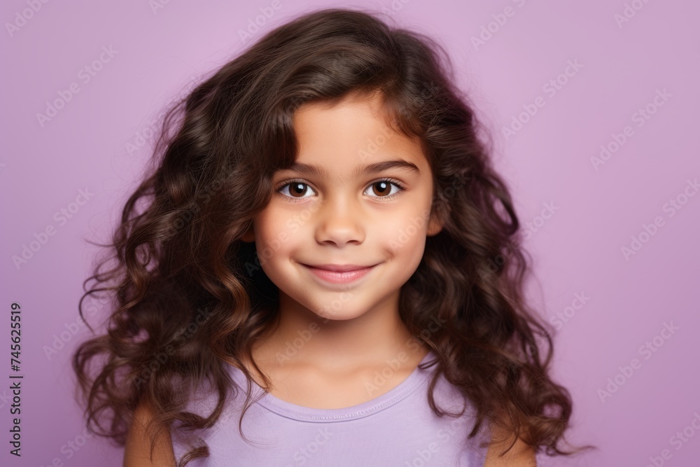 Closeup portrait of a cute little girl with long curly hair on purple background Closeup portrait of a cute little girl with long curly hair on purple background