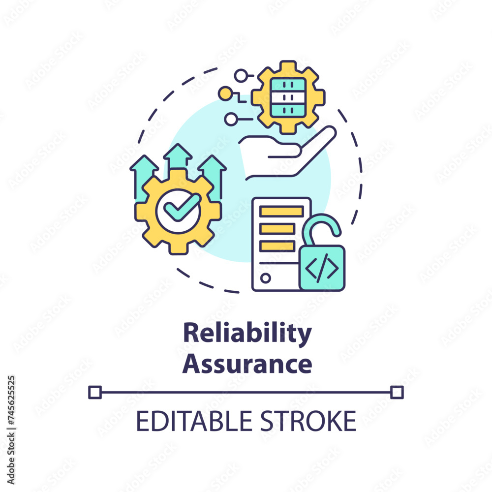 Reliability assurance multi color concept icon. Quality practices, assessment management. Performance analysis, correction. Round shape line illustration. Abstract idea. Graphic design. Easy to use