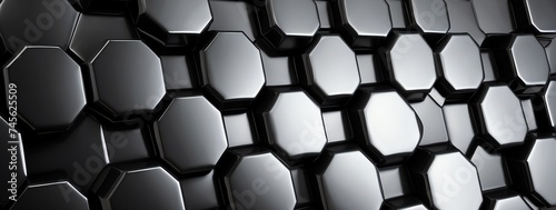 Wide angle panoramic view of shiny black metallic hexagonal surface texture background wallpaper from Generative AI