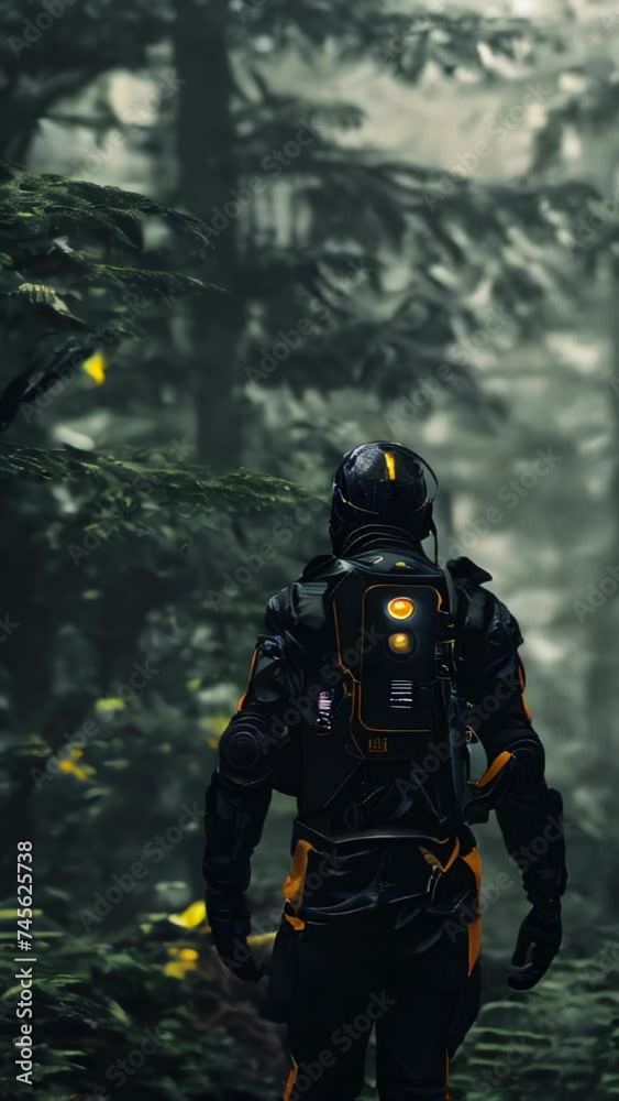 An explorer with a large yellow backpack, dressed in black and yellow, walks through a misty grey forest.

