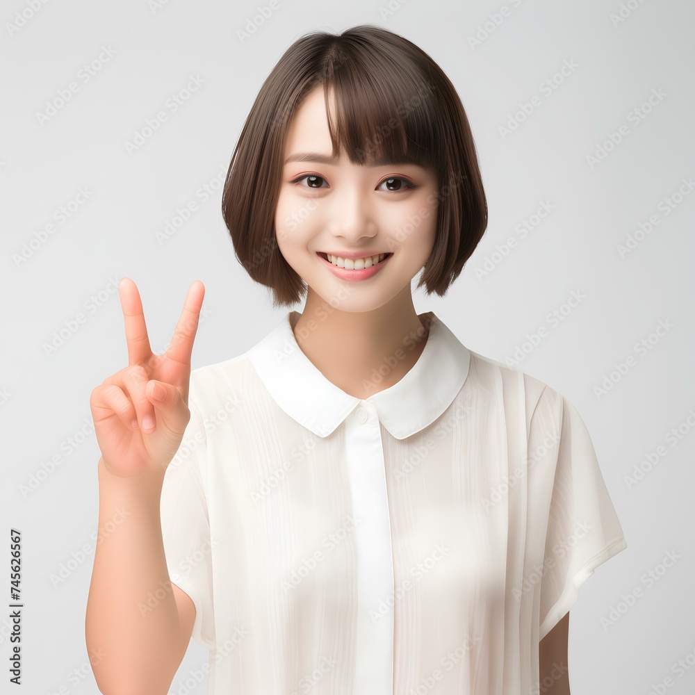 ピースする笑顔の美しい女性